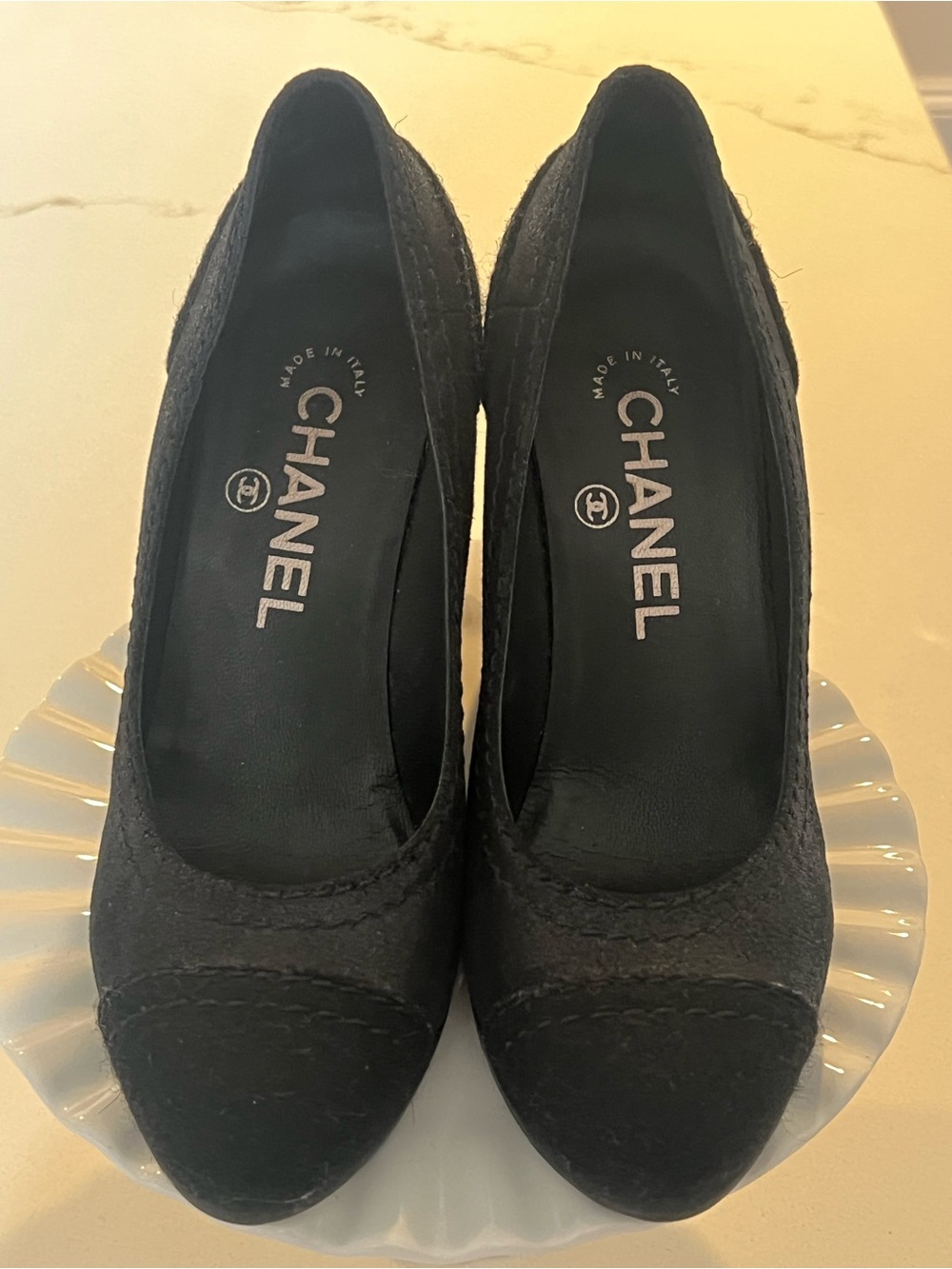 CHANEL Black Quilted Cap-Toe Wedge Heels